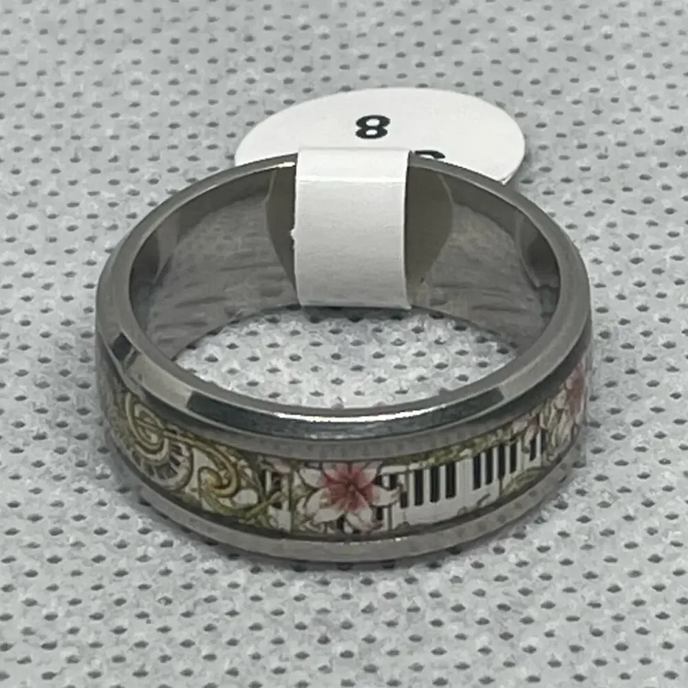 Music Lover Floral Keyboard Piano Treble Clef Stainless Steel Band Ring Sz 8.25